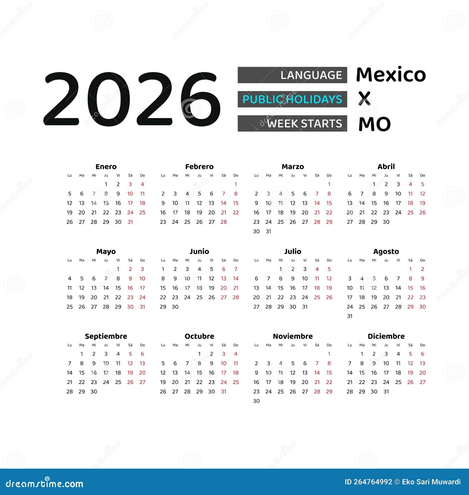 Mexico Calendar 2026 Week Starts From Monday Vector Graphic 