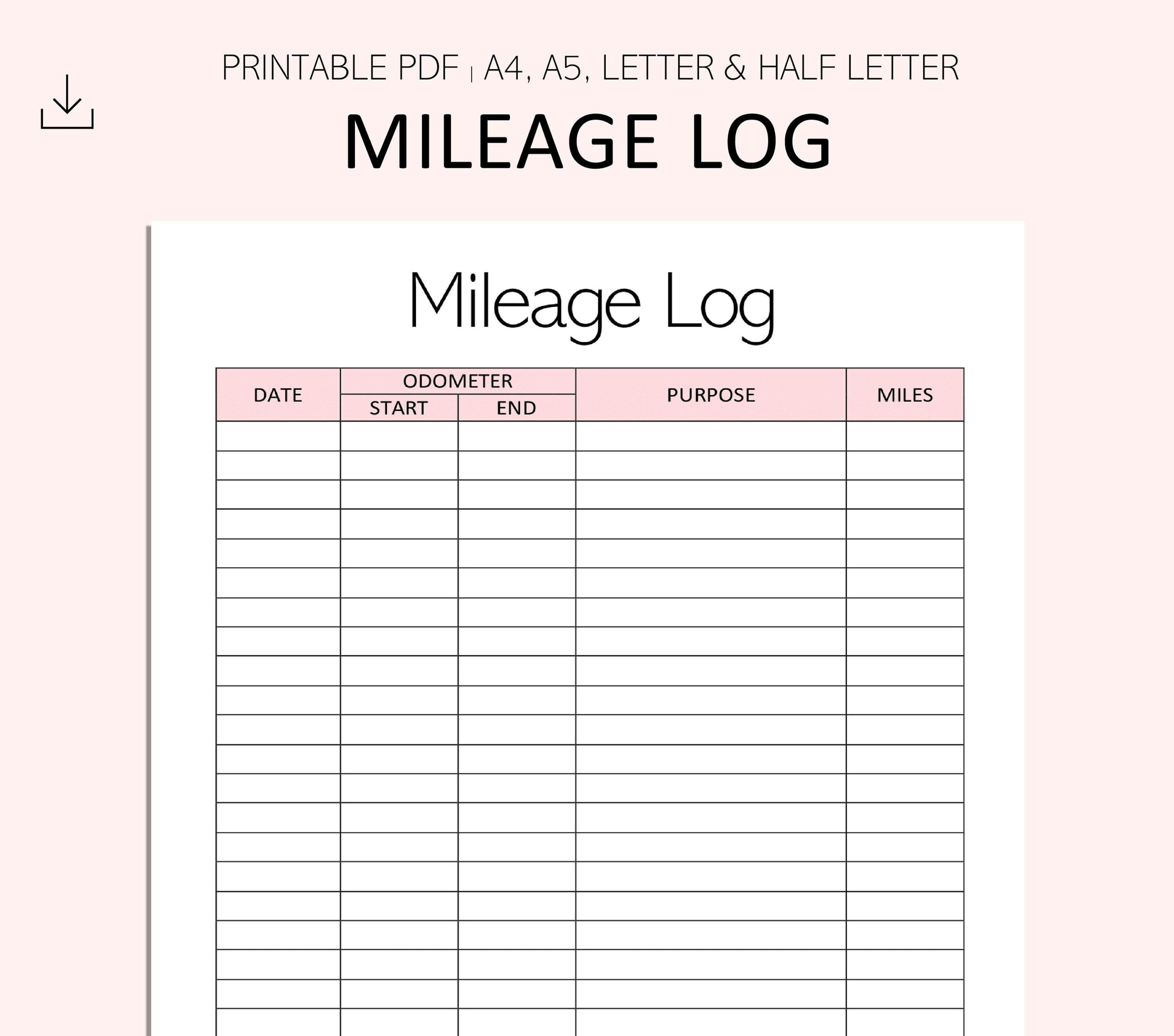 Mileage Log Printable Vehicle Miles Travelled Tracker Mileage Tracker Car Mileage Printable PDF A4 A5 Letter Half Letter
