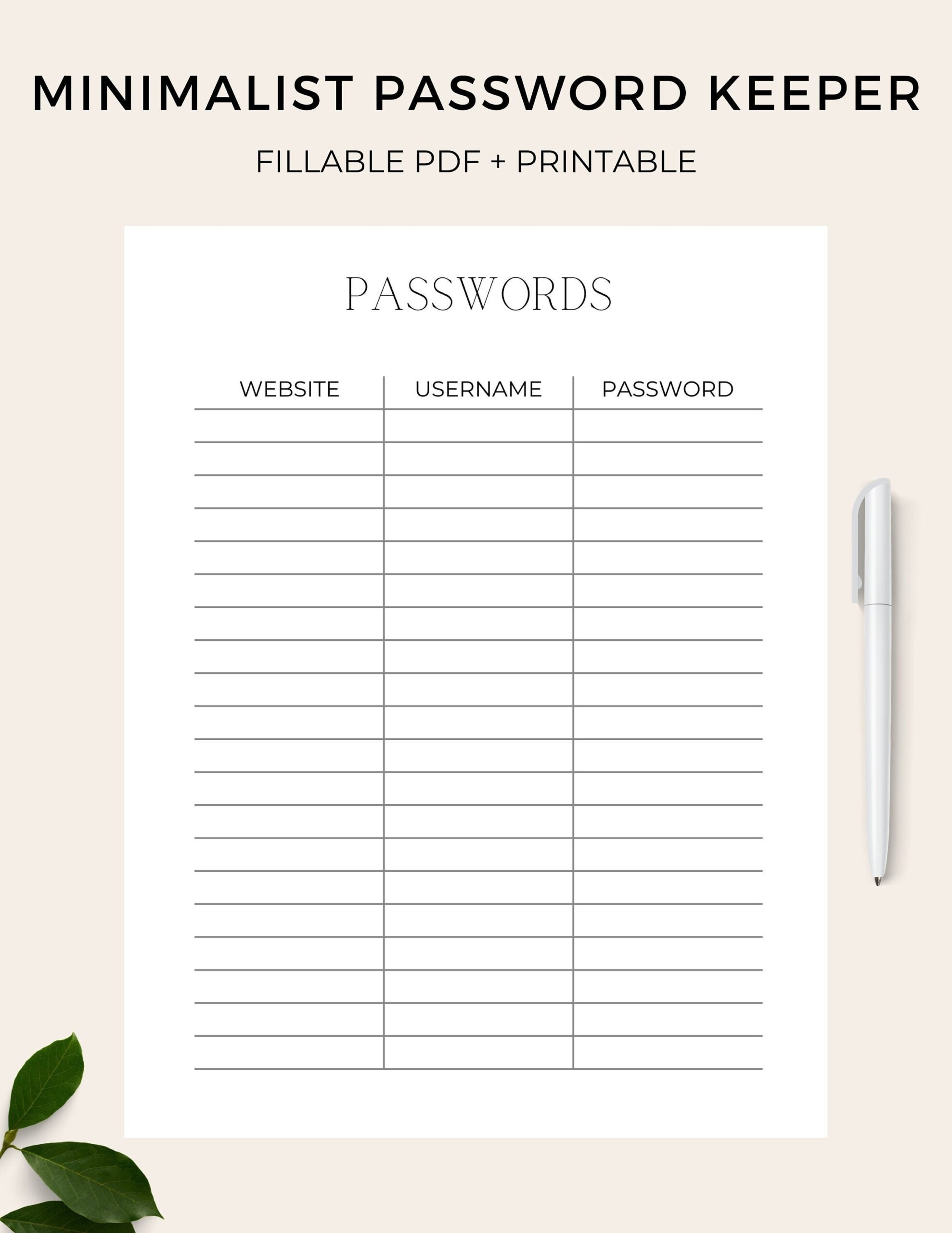 Minimalist Password Tracker Printable And Fillable Password 