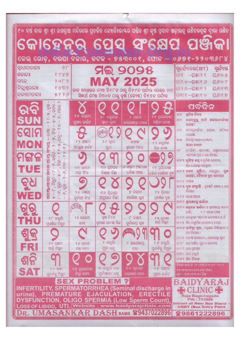 Odia Calendar 2025 May Kohinoor Panji PDF Download