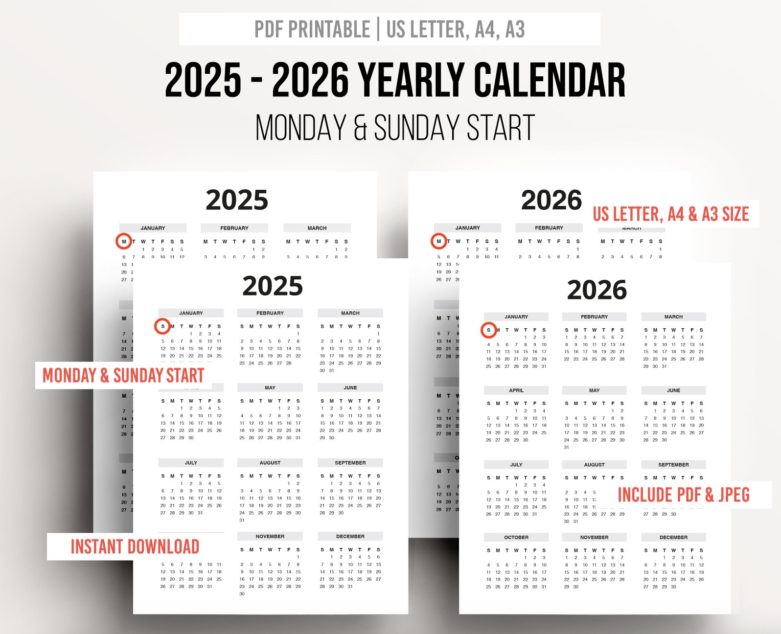 Printable 2025 2026 Yearly Calendar Monday U0026 Sunday Start Etsy UK
