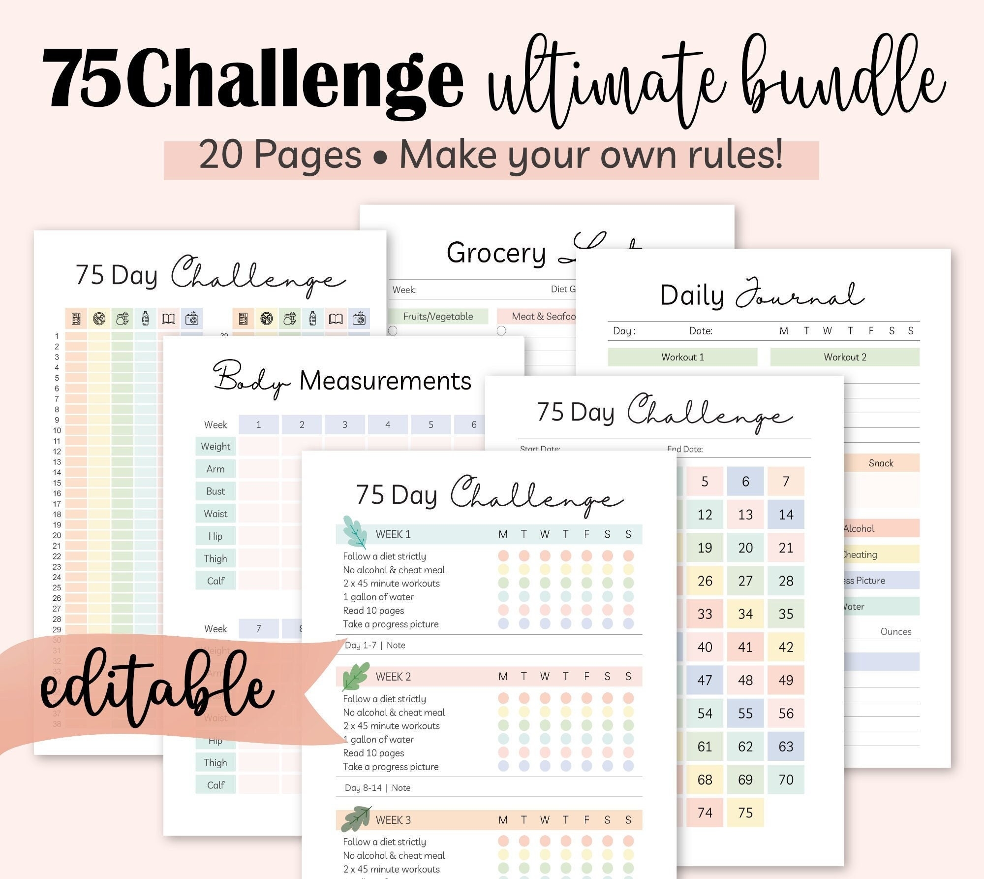 Printable 75 Day Tough Challenge Tracker 75 Day Hard Rules Journal Template Bundle PDF Editable Weight Loss Planner Digital Download Etsy