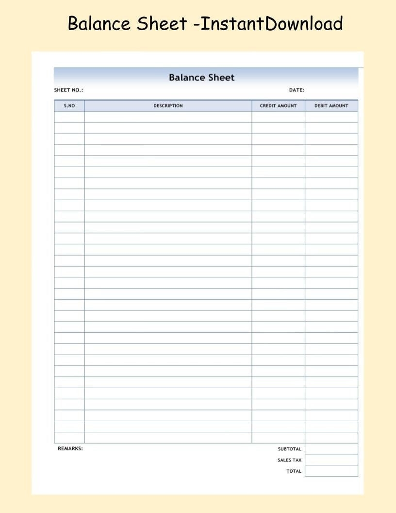 Printable Balance Sheet ledger Sheet Small Business Accounting 