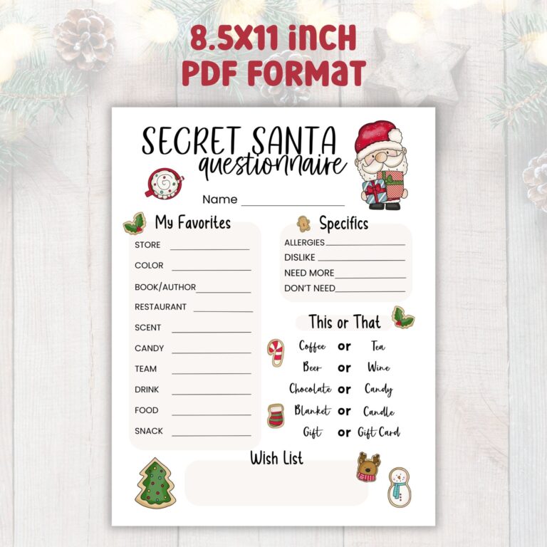 Printable Secret Santa Questionnaire Christmas Holiday Gift 