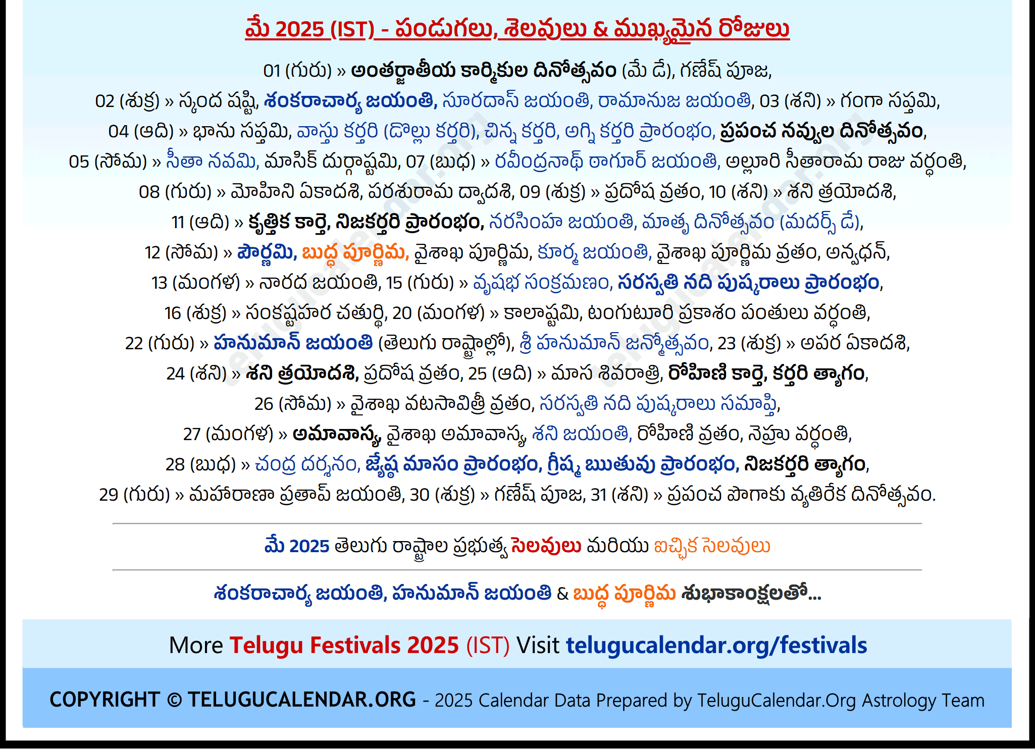San Francisco Telugu Calendar 2025 May PDF Festivals
