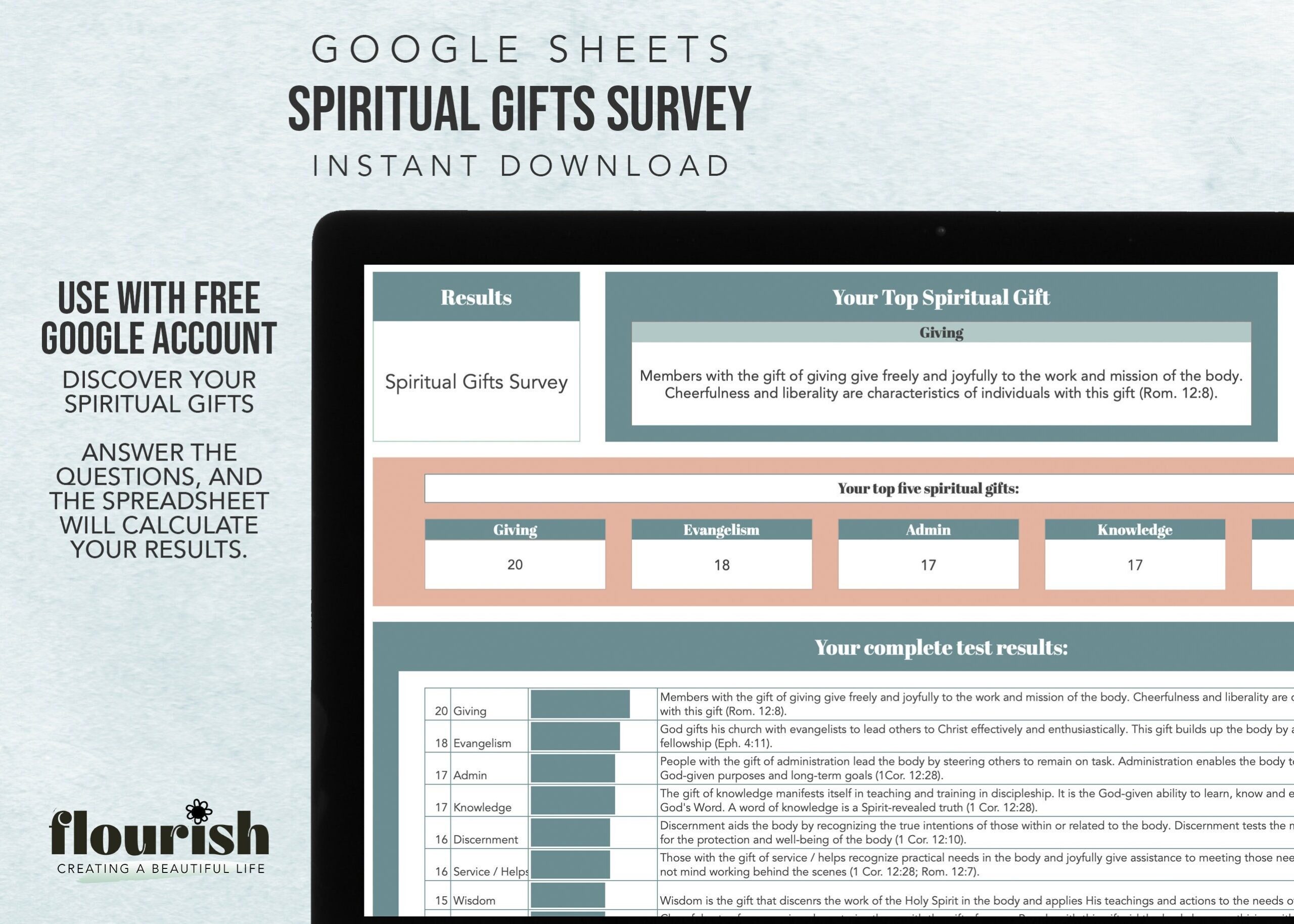 Spiritual Gifts Survey For Google Sheets Discover Your Spiritual Gifts Survey Gives Immediate Results Google Spreadsheet Etsy