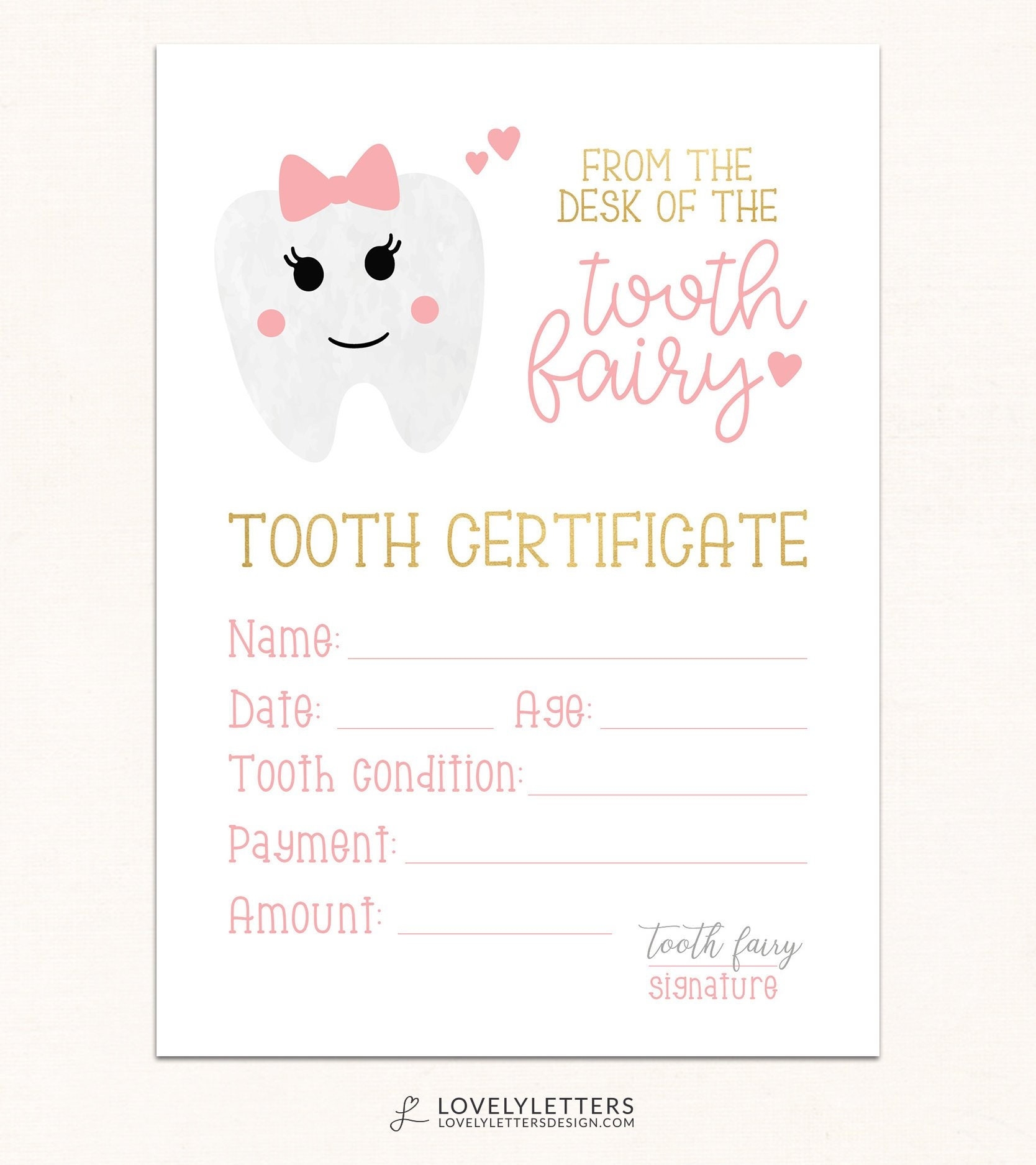 Tooth Fairy Certificate DIGITAL Tooth Fairy Printable Tooth 