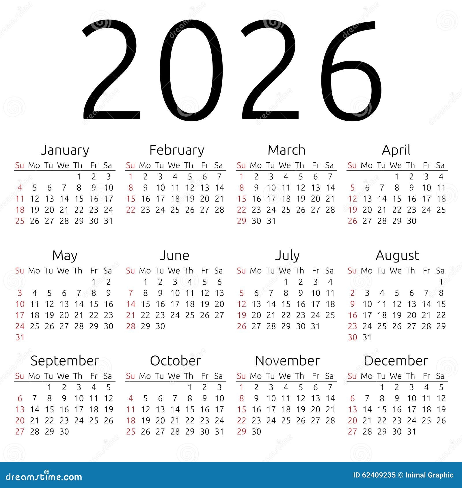 Vector Calendar 2026 Sunday Stock Vector Illustration Of Template Number 62409235