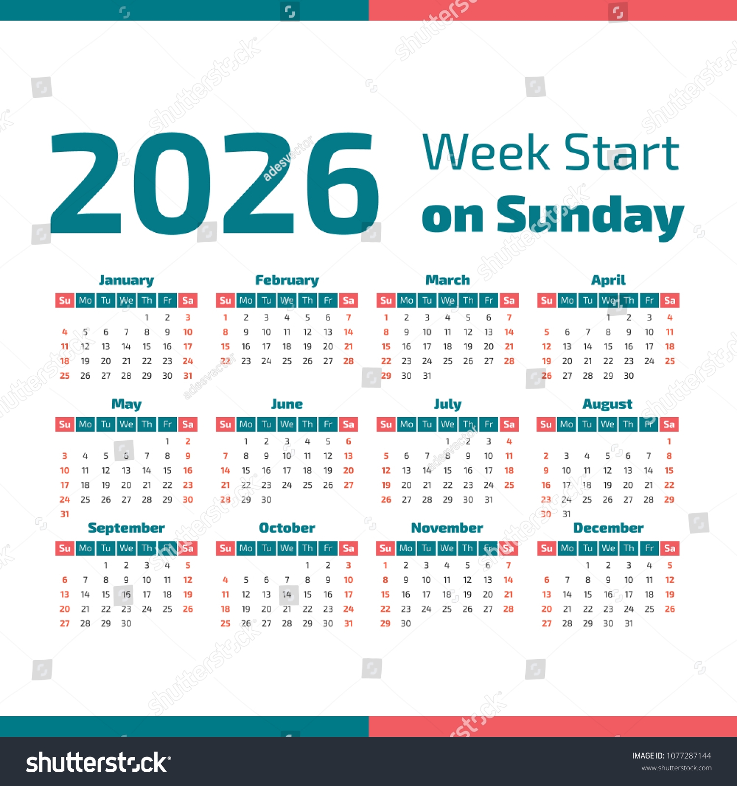 Vektor Stok Simple 2026 Year Calendar Week Starts Tanpa Royalti 1077287144 Shutterstock