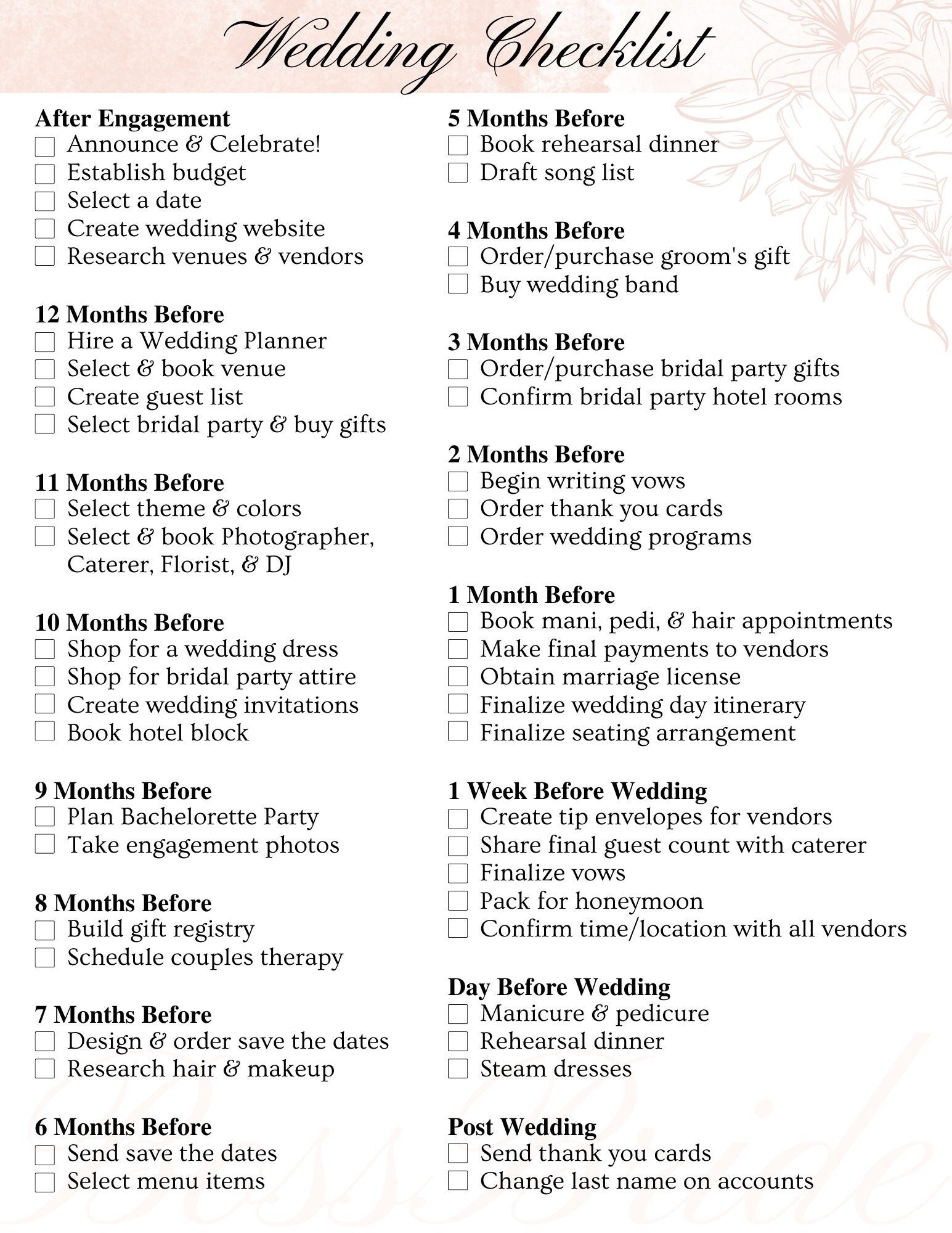 Wedding Checklist Editable Printable Instant Download Wedding Planner Wedding Template