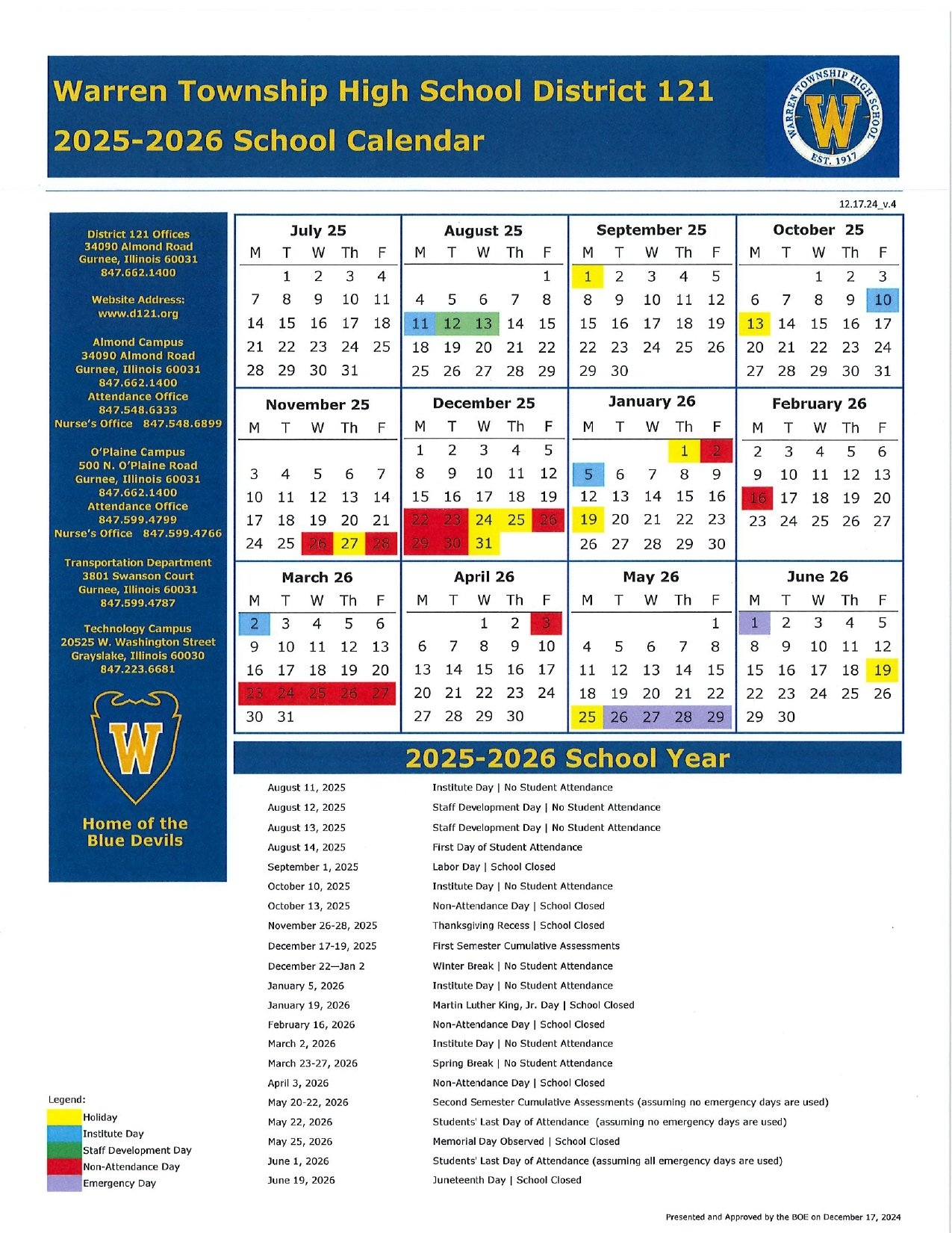 WTHS Warren Township Calendar 25 26 Revised EduCounty